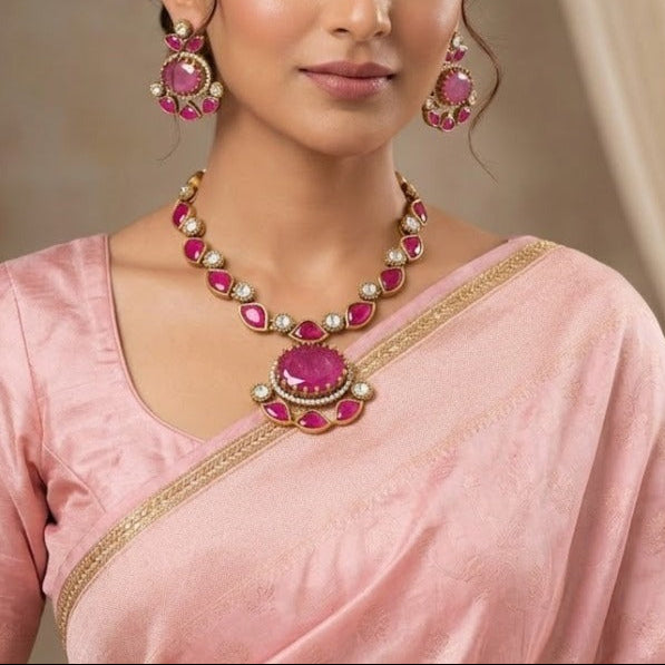 Jadau kundan with pink semiprecious stone fusion neckalce