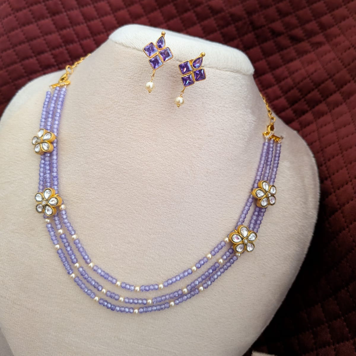 Purple CZ bead necklace with jadau kundan connector