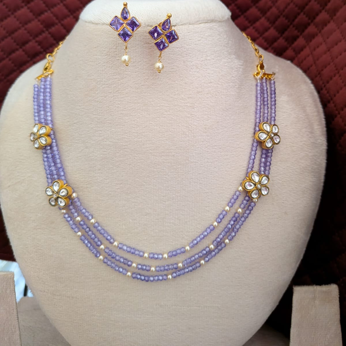 Purple CZ bead necklace with jadau kundan connector