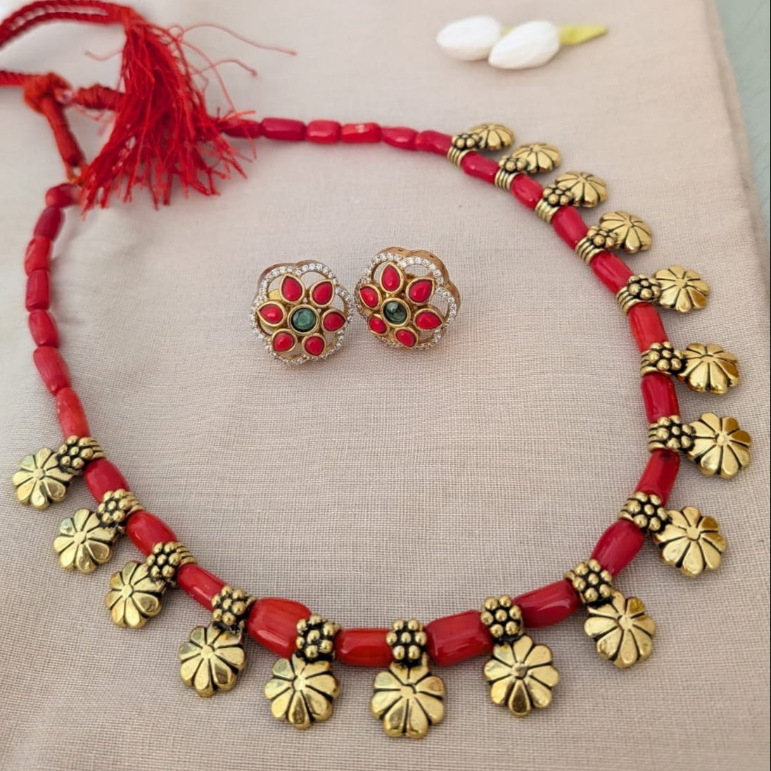 Antique floral coral beaded necklace