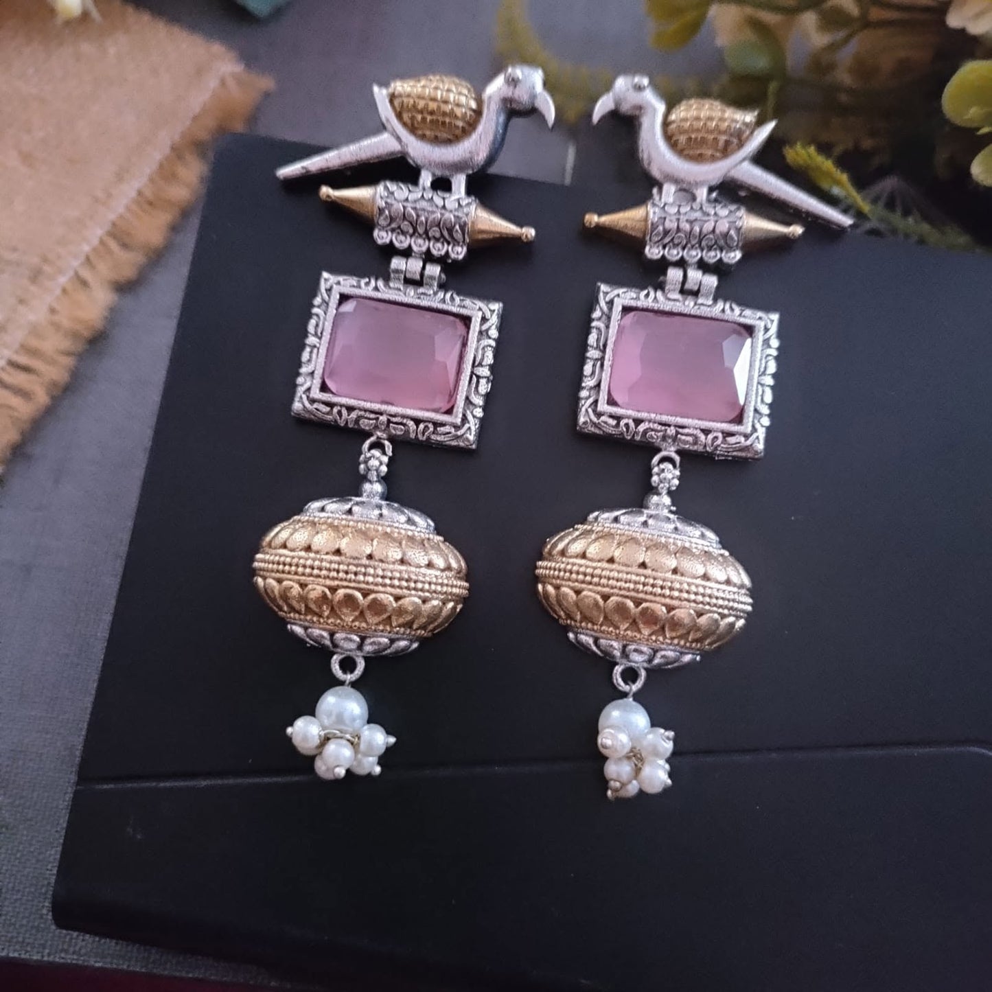 Brid pinck  stone dual tone long earring with small pearls
