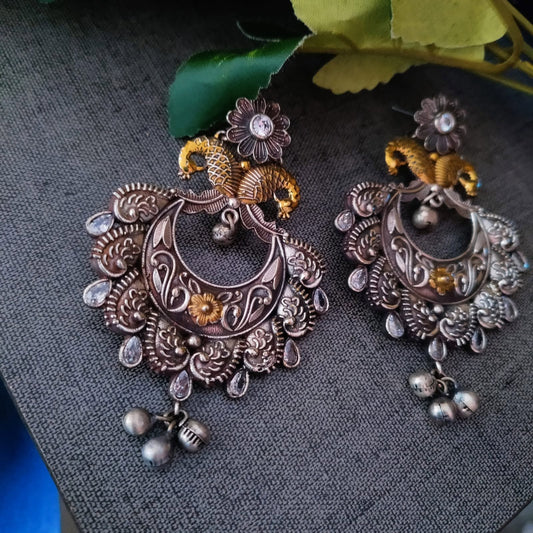 Peacock Feather with white Stone Dualtone Long Earring