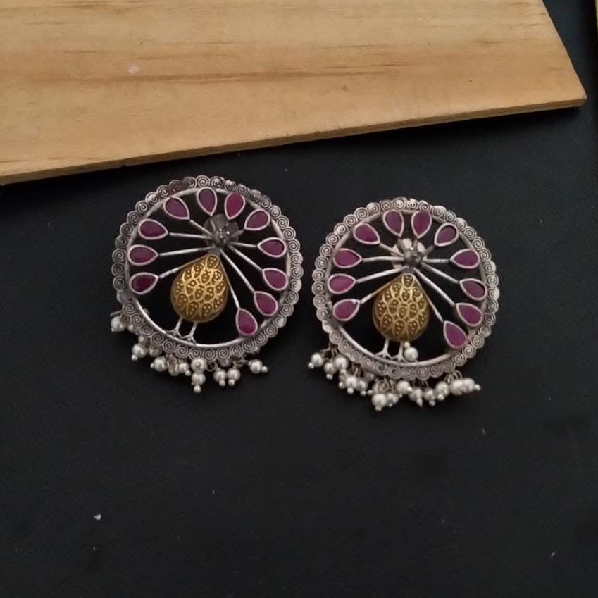 Peacock Ruby Feather AD  Stone Round Dualtone Long Earring