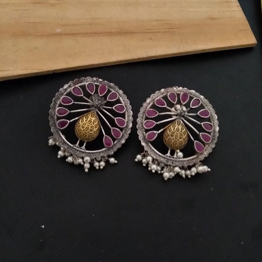 Peacock Ruby Feather AD  Stone Round Dualtone Long Earring