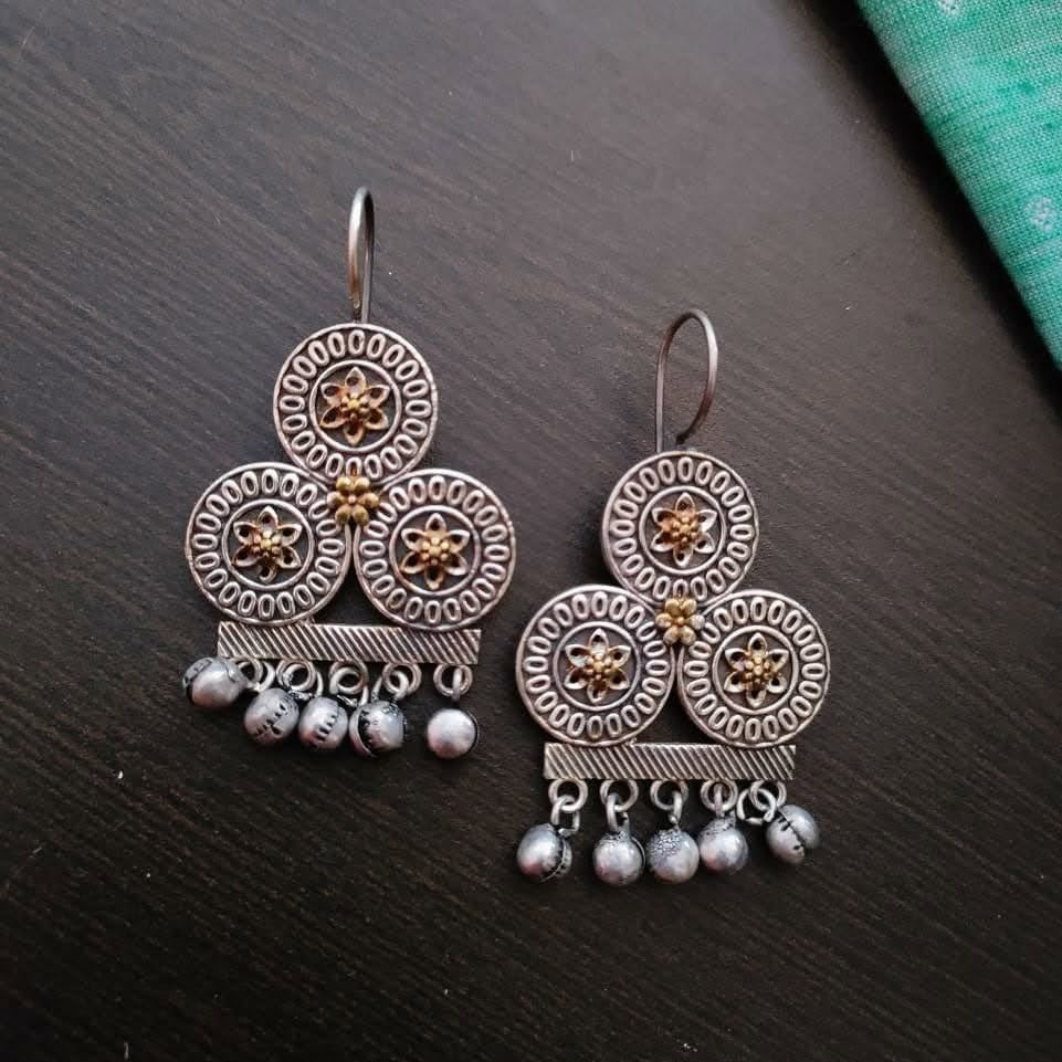 3 Round Floral  Design With Gongroo Drop Dualtone  Earring
