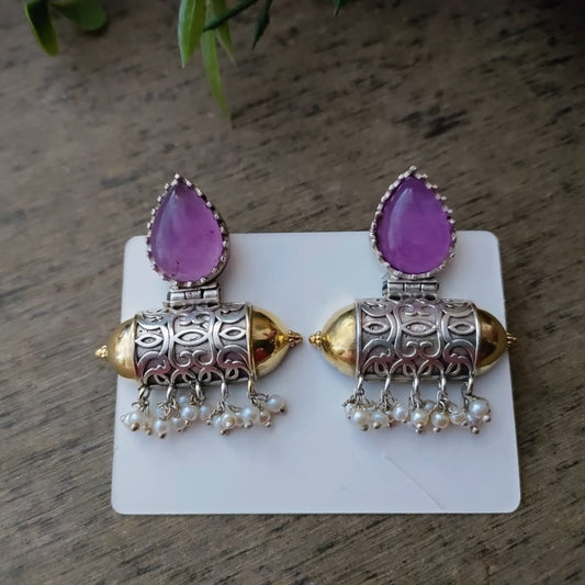 Purple Drop Dualtone  Earring With Pearl hangings