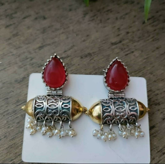 Red Drop Dualtone  Earring With Pearl hangings
