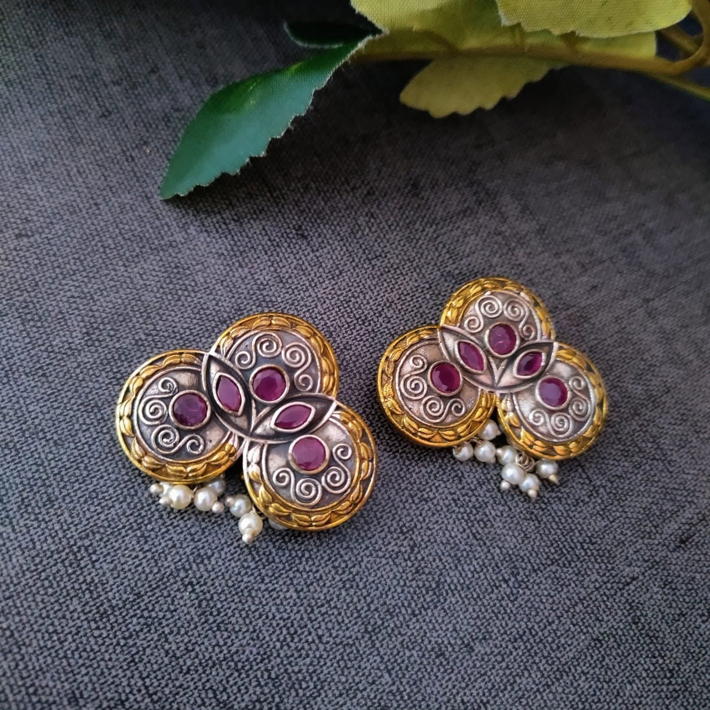Trinity Design 5 Ruby stone with Pearl Hangings Dualtone