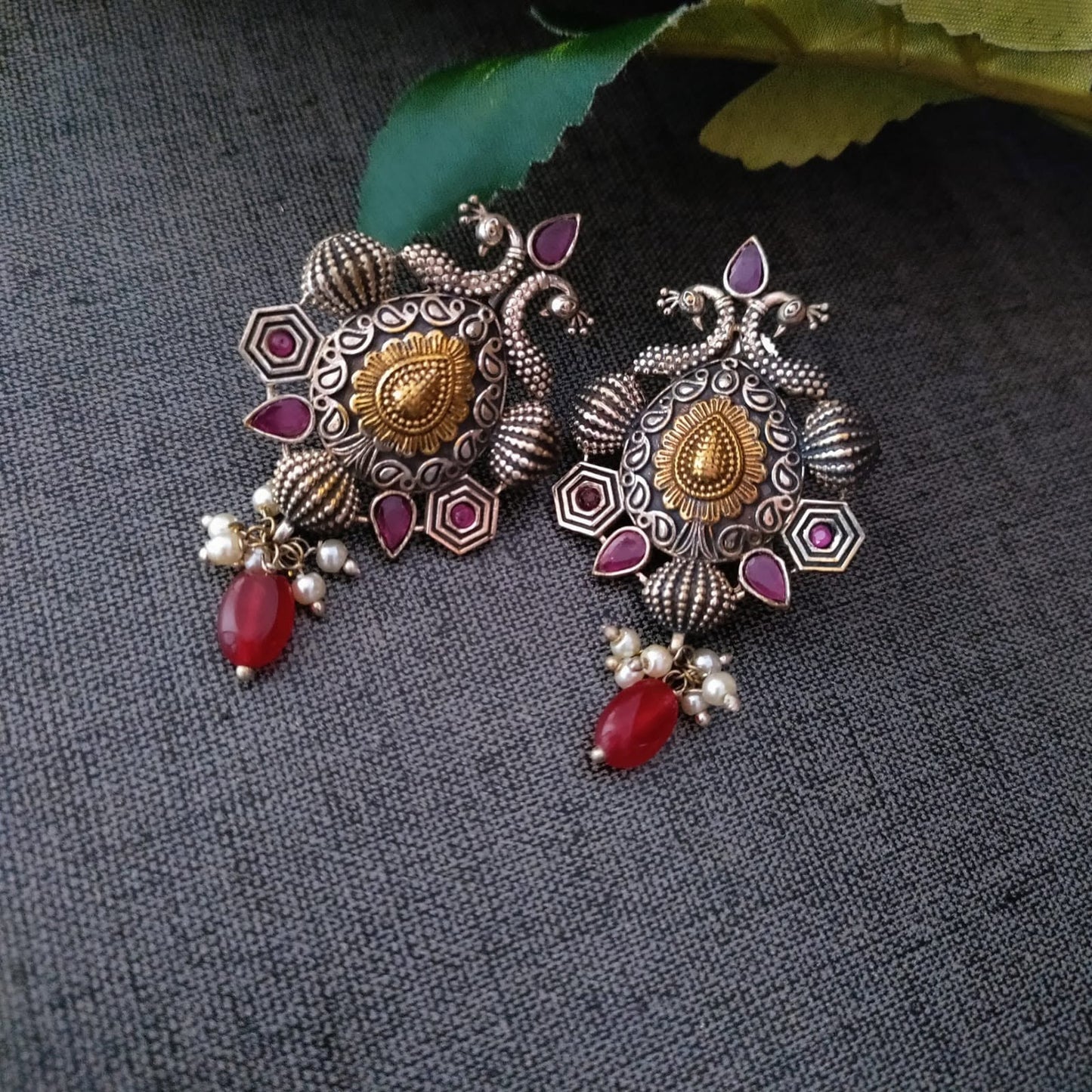 Double Peacock Ruby Stone Dualtone Earring