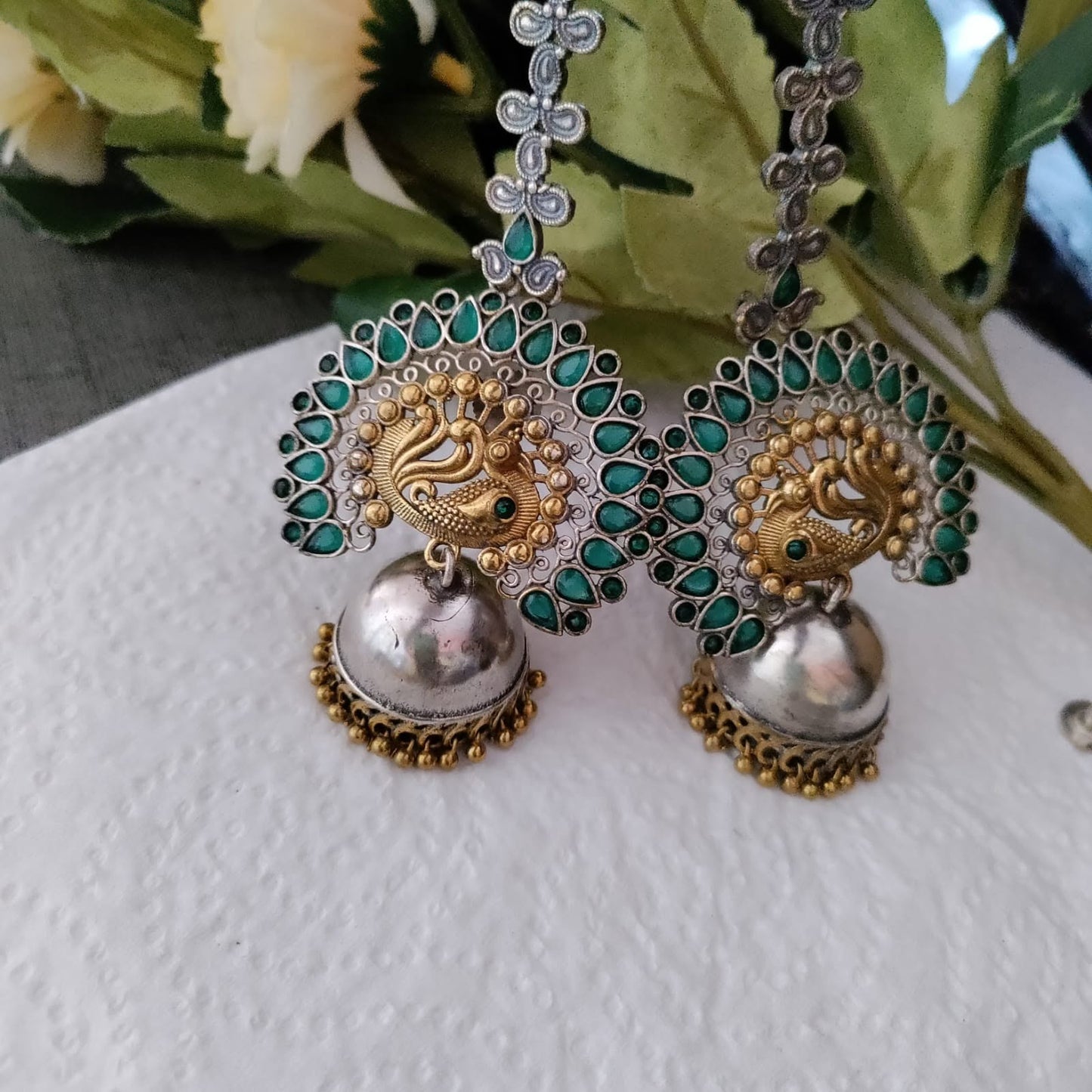 Green Stone Peacock Dualtone Jumkha With Earchain