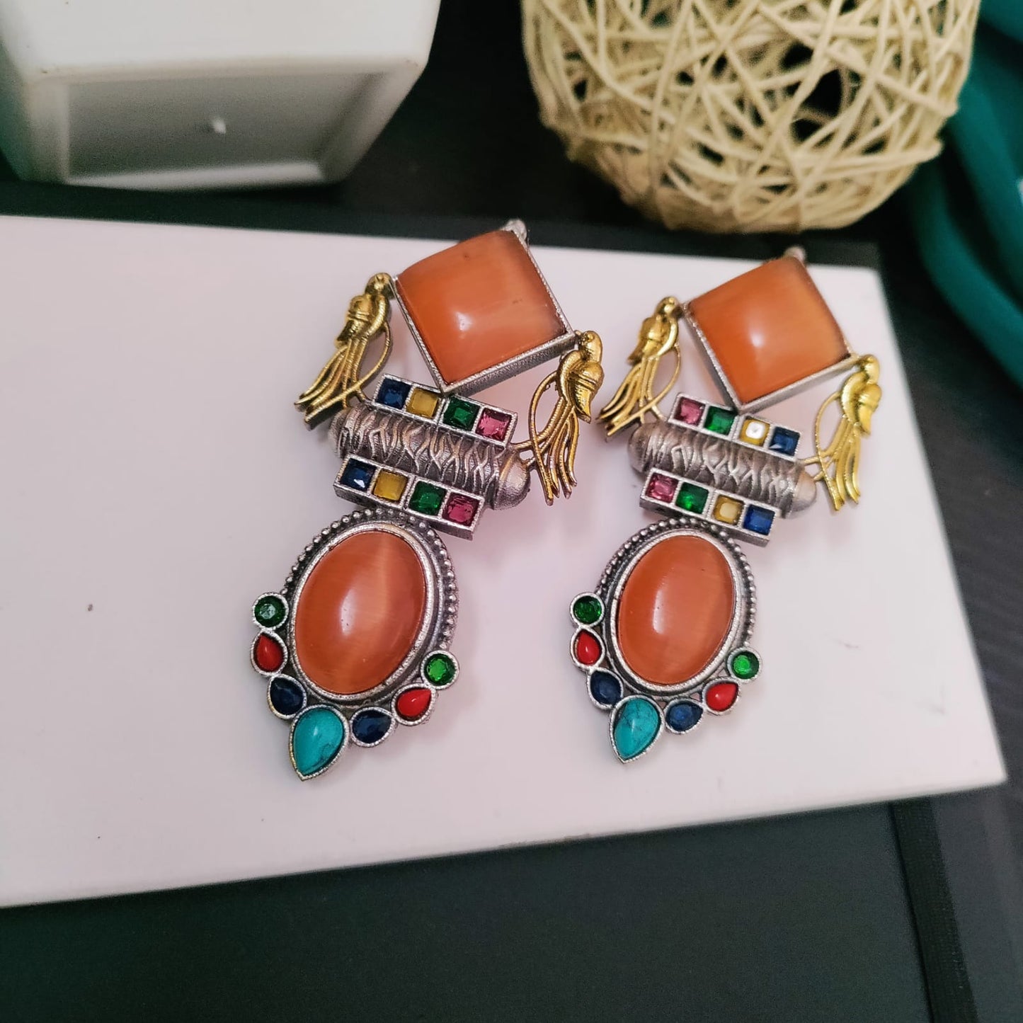 Peach Aura Dualtone With Multi Color Stone  Earring Long