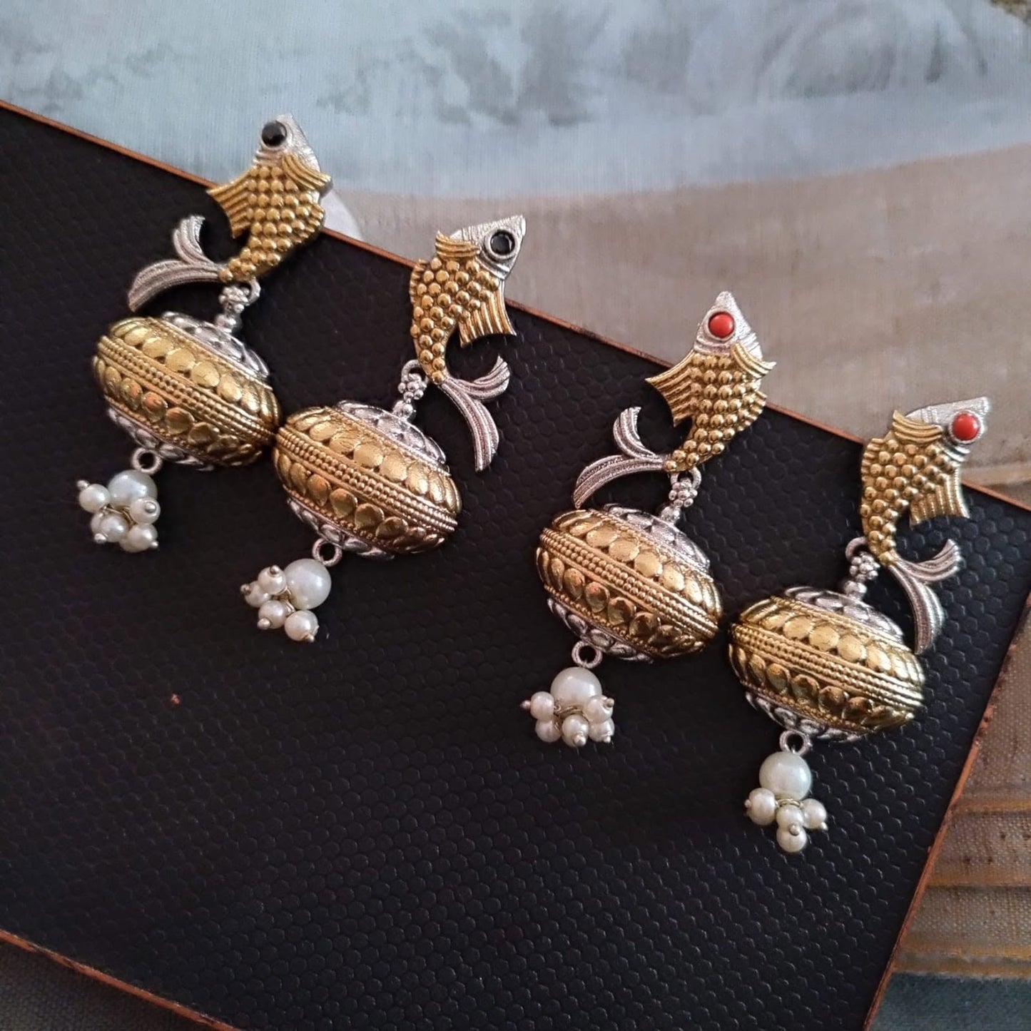 Fish Haif Round Jhumka Dualtone With  Pearl Drop