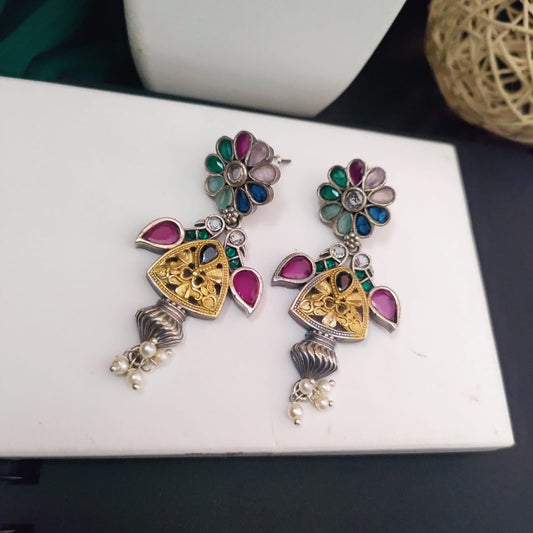 Floral Peacock Dualtone With  Multi Color Stone Pearl Drops