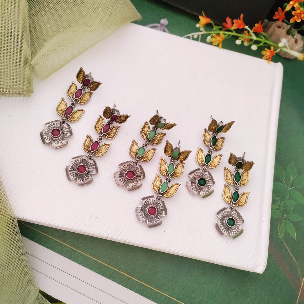 3 Layer Leaf Design Dualtone Long Earring
