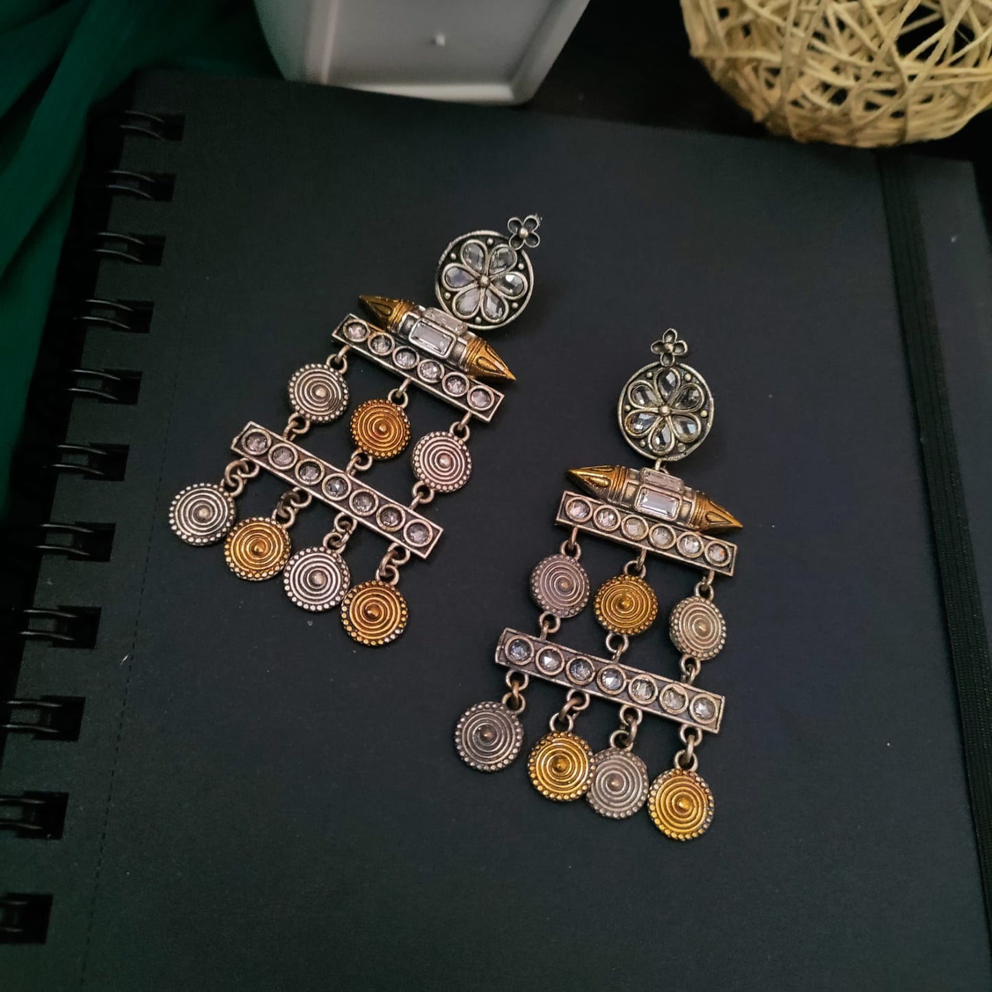 Layered Coin White Stone Dualtone Earring