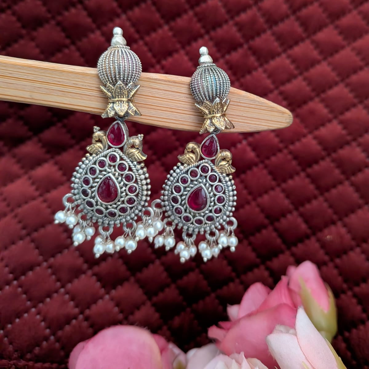 Peacock Drop Ruby Stone Dualtone Earring