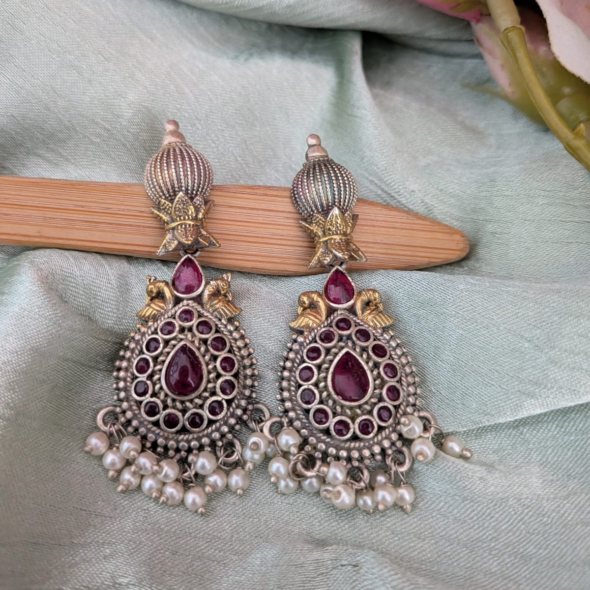 Peacock Drop Ruby Stone Dualtone Earring