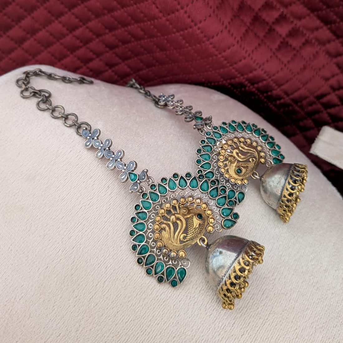 Green Stone Peacock Dualtone Jumkha With Earchain