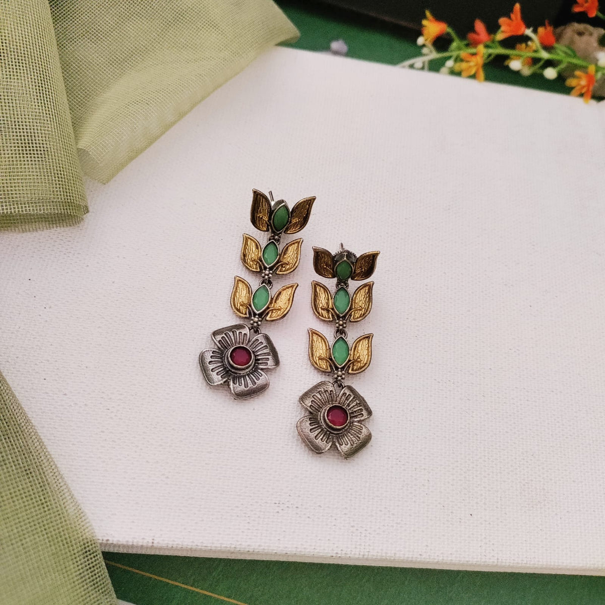 3 Layer Leaf Design Dualtone Long Earring