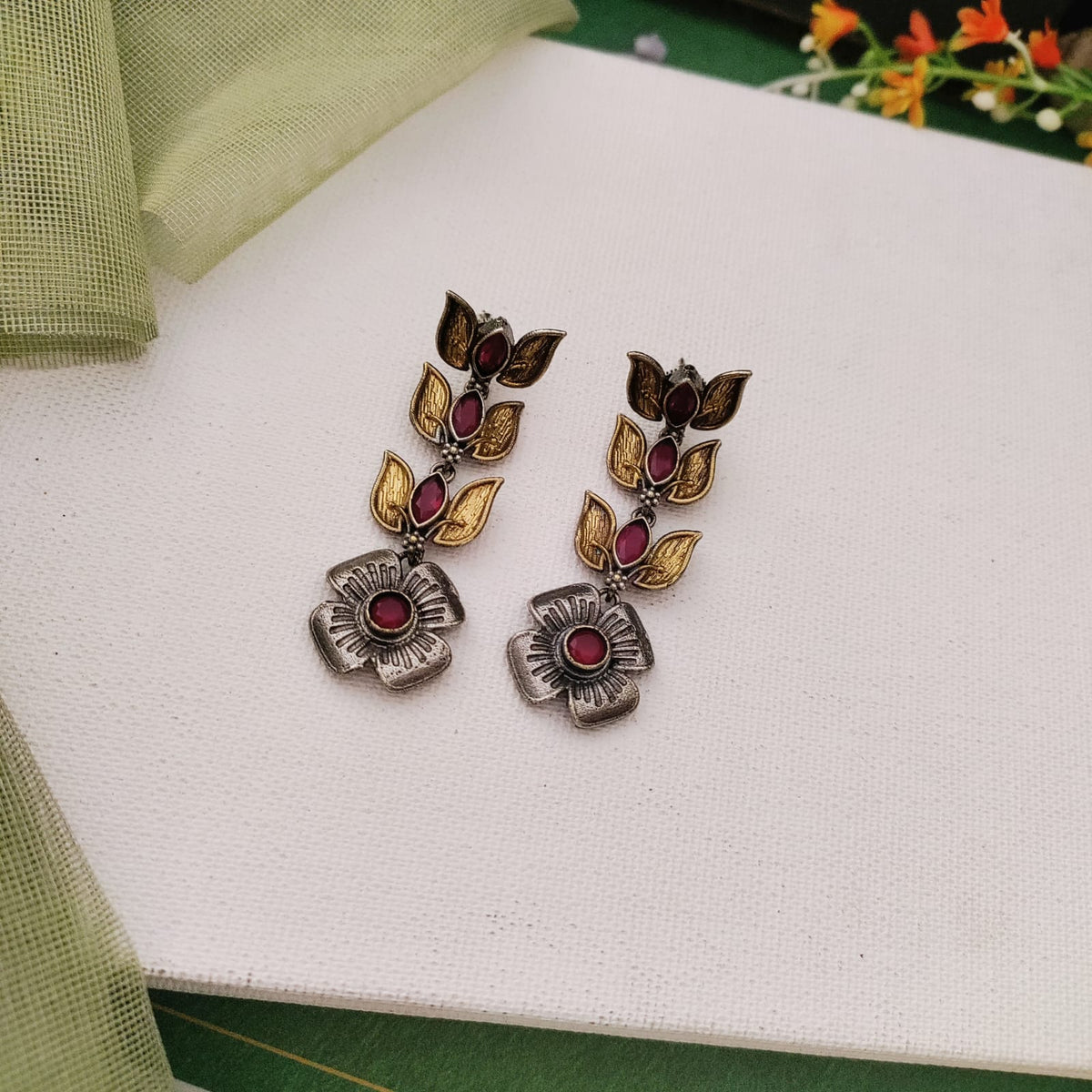 3 Layer Leaf Design Dualtone Long Earring
