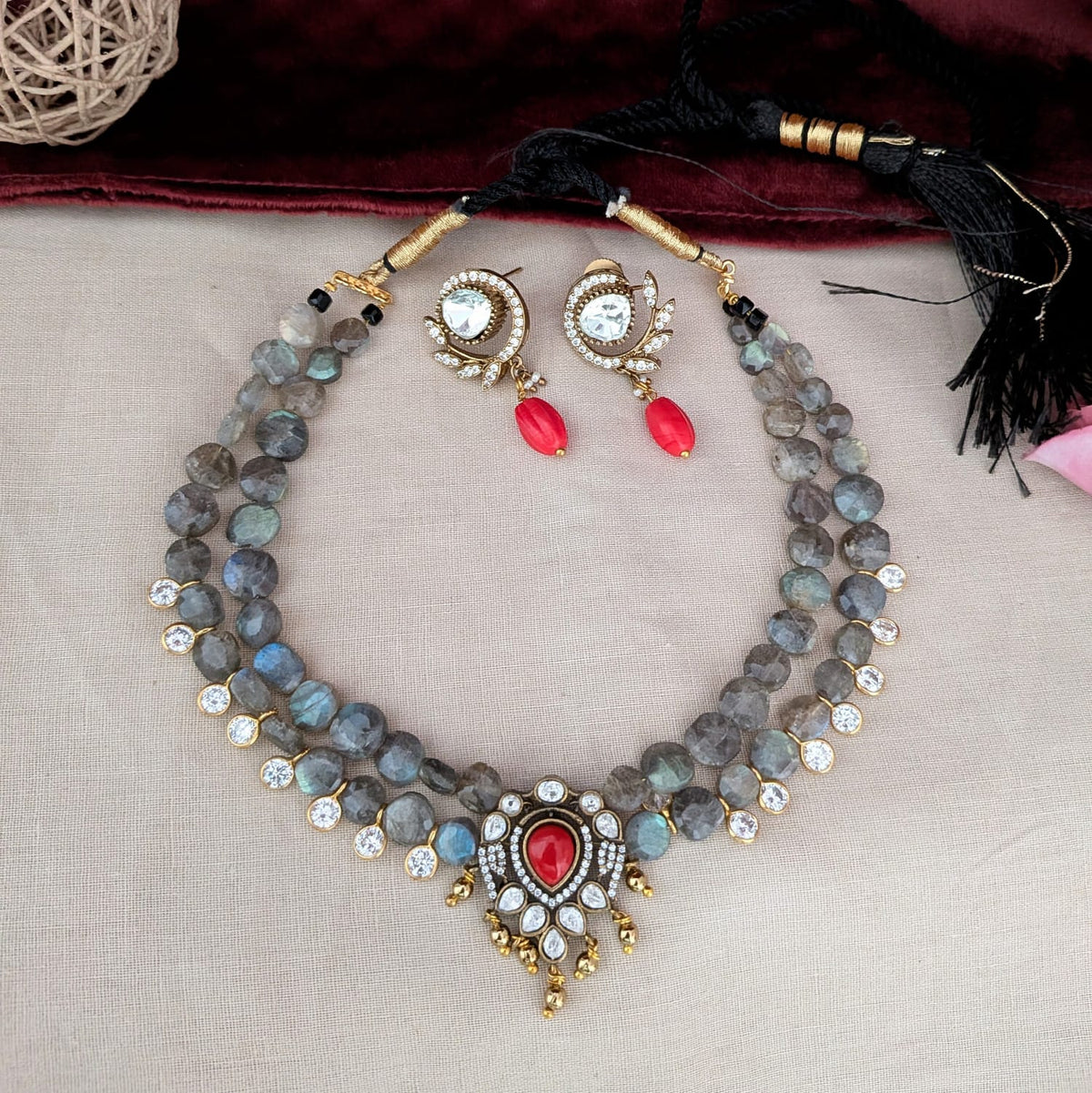 Beaded Necklace - 2 layered Labradorite