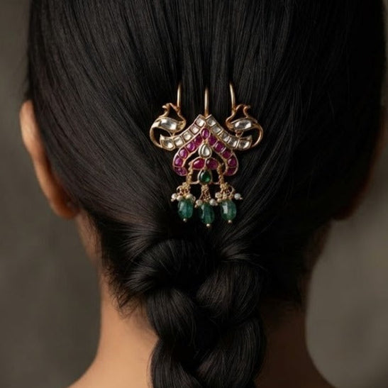Jadau  Kundan Ruby With White Stone Hair Accessory