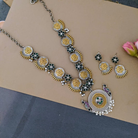 Peacock flower dualtone long necklace set