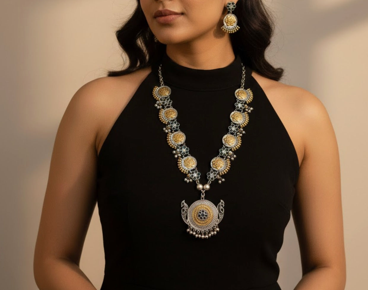 Peacock flower dualtone long necklace set