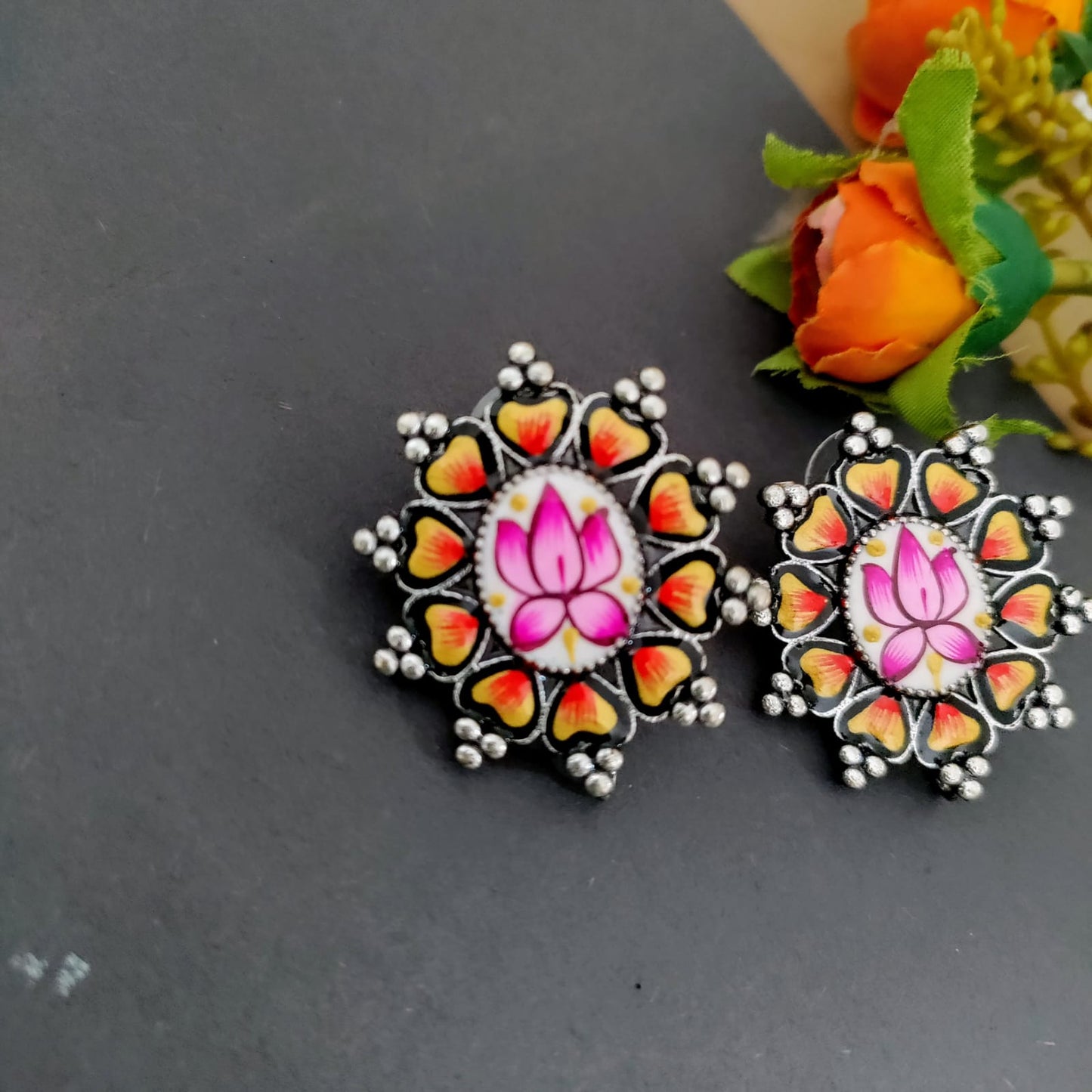 Lotus round painted earring