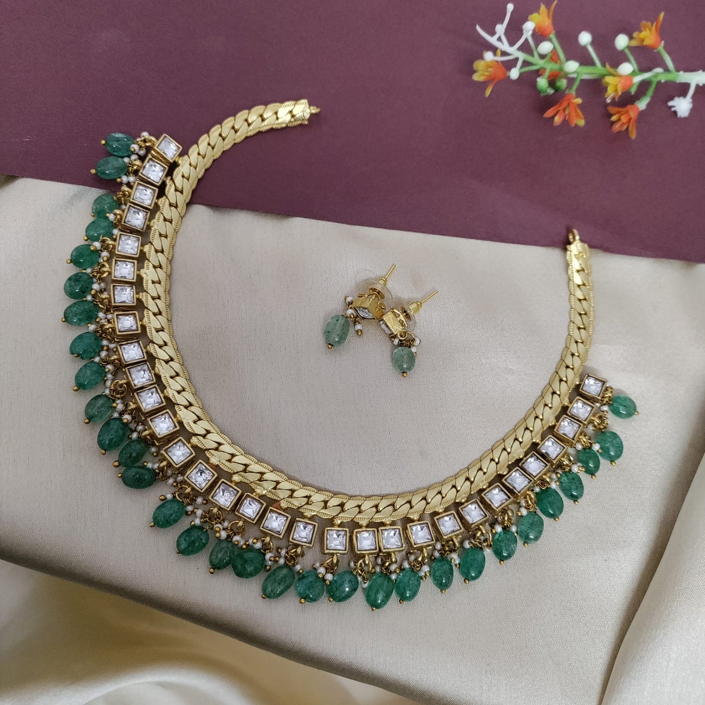 Jadau kundan Square stone studed necklace set