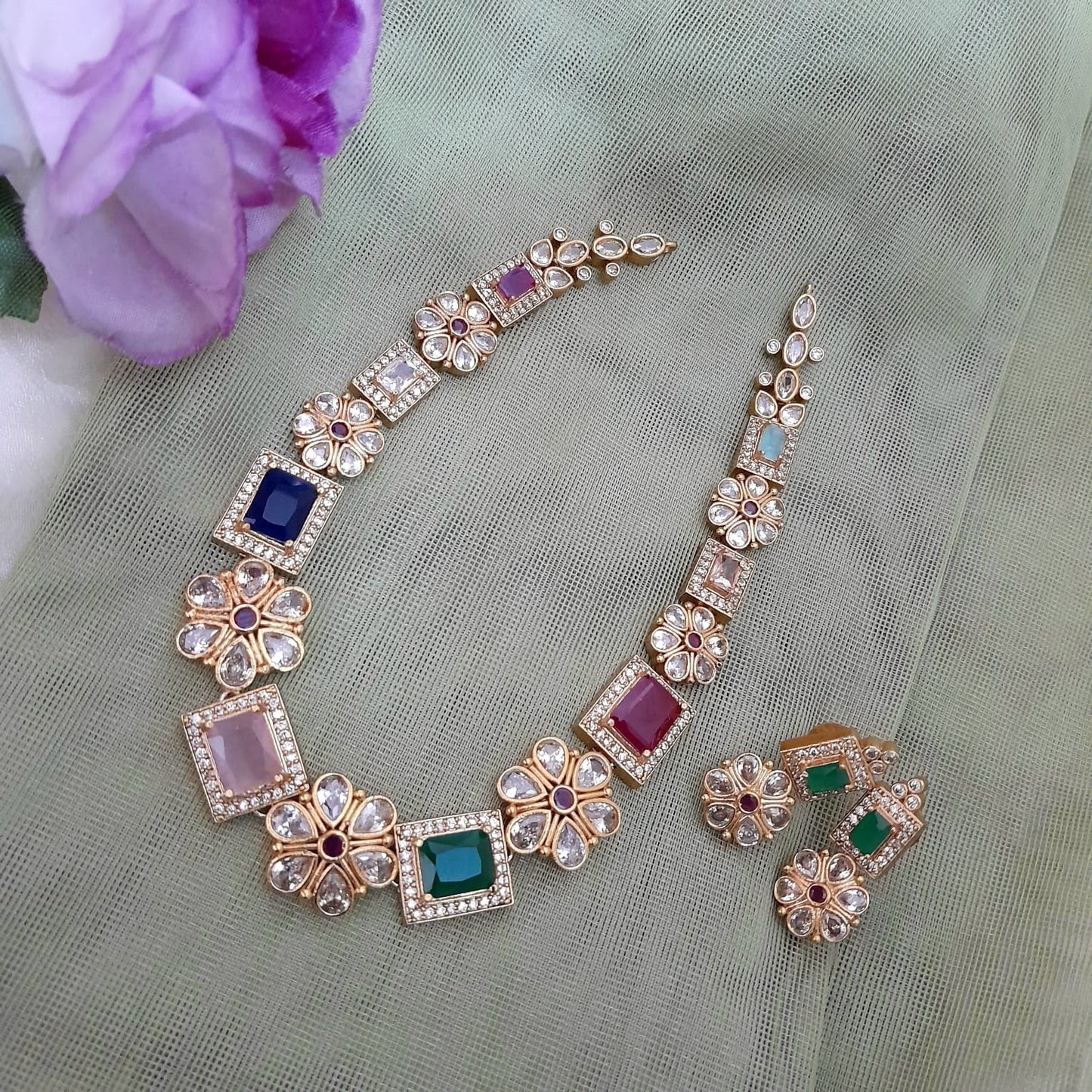 Navratna stone colored kundan necklace set