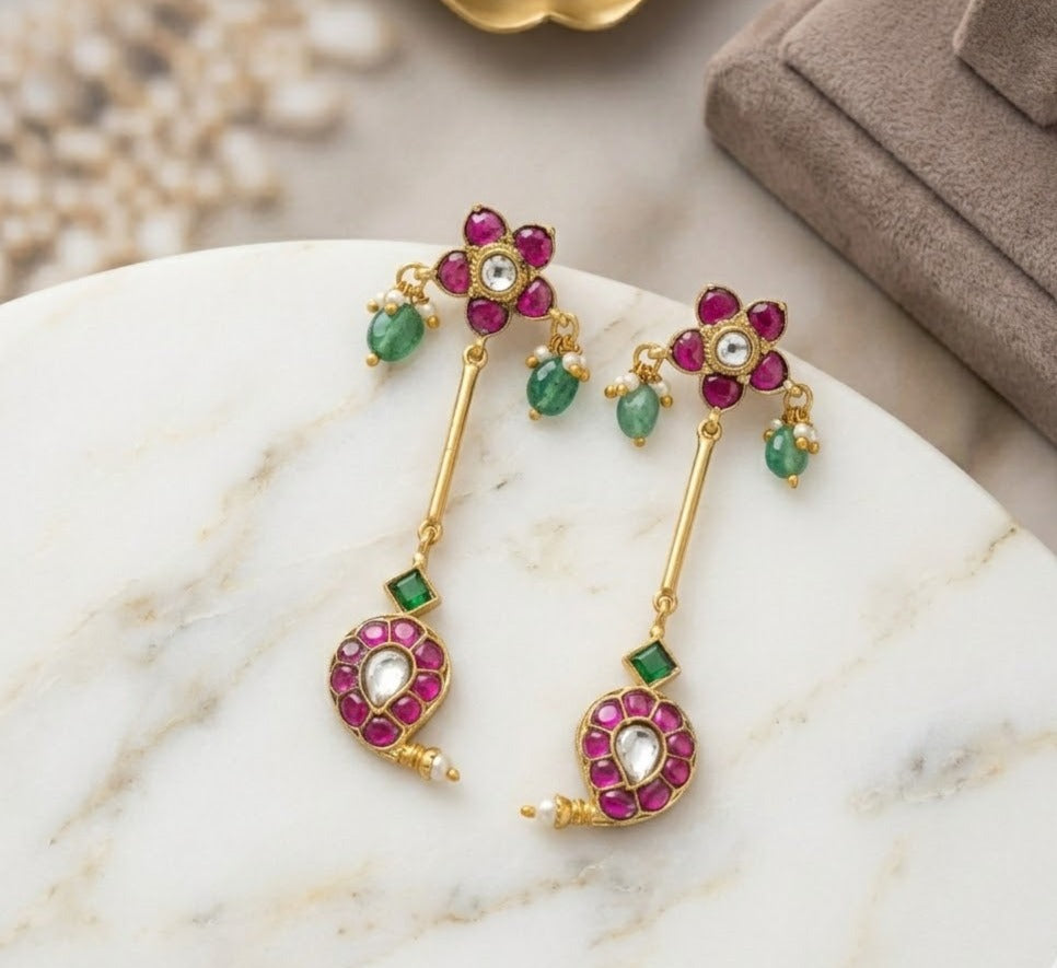 Jadau kundan Paisley shaped long drop earring