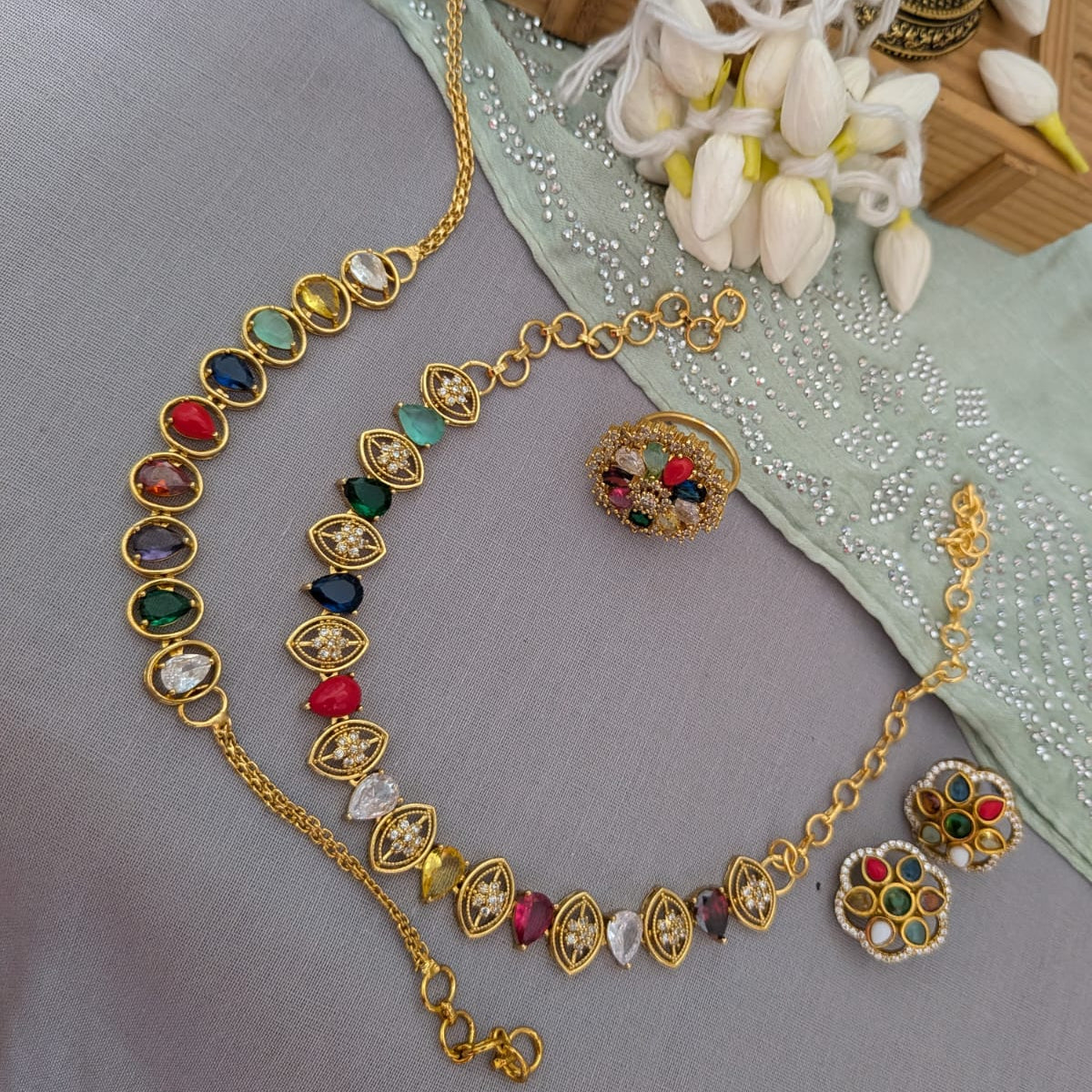 Navratna chocker,finger ring and bracelet combo set