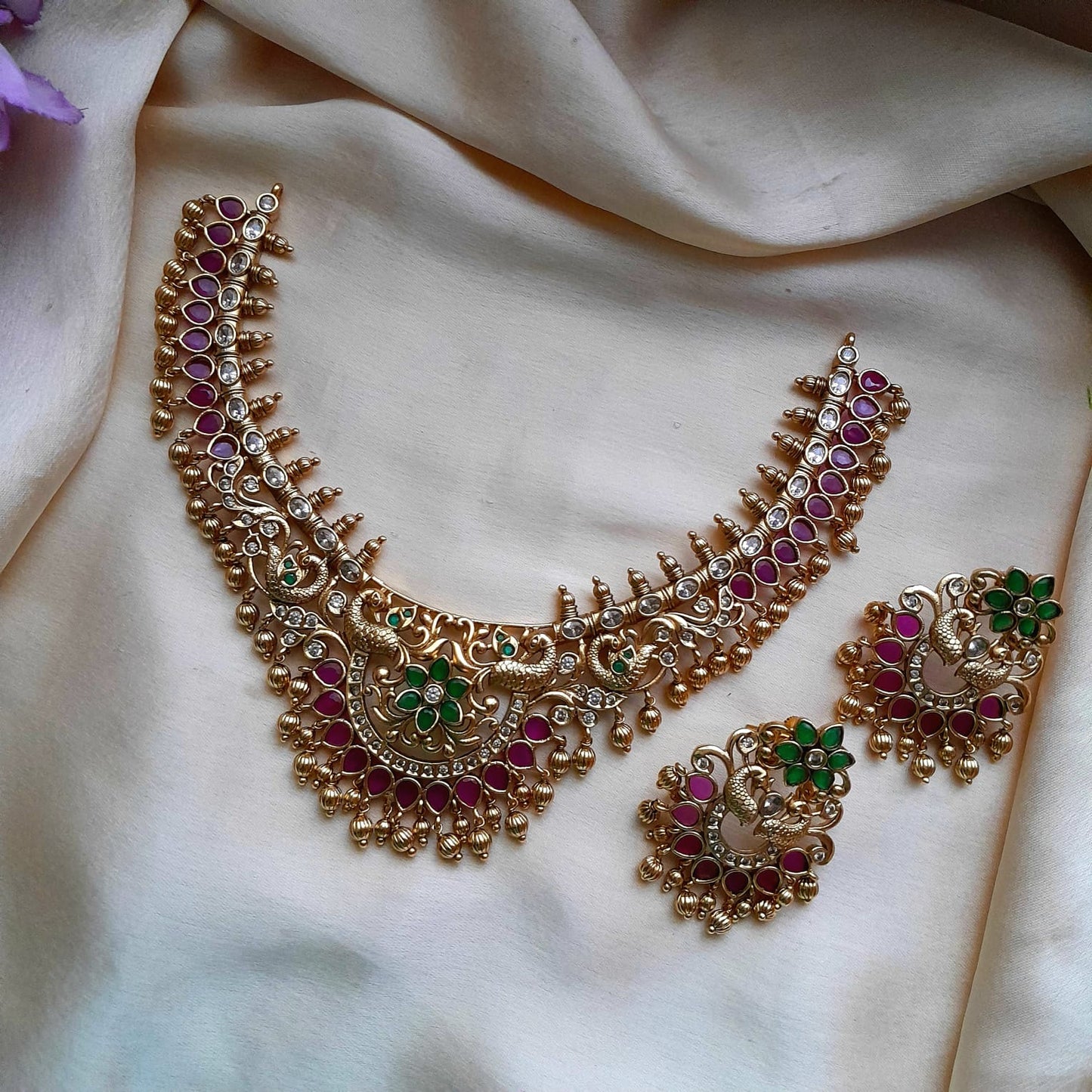 Floral with peacock motif necklace set with bali earring