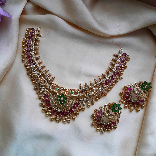 Floral with peacock motif necklace set with bali earring