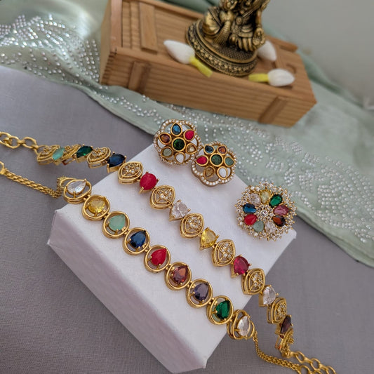 Navratna Necklace, Bracelet, Fingerring Combo set