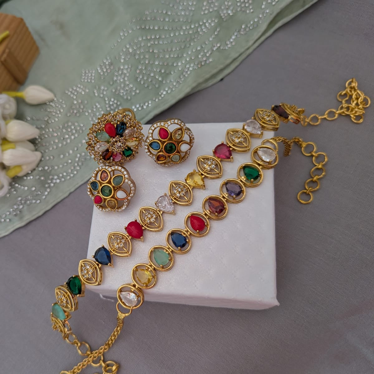 Navratna chocker,finger ring and bracelet combo set