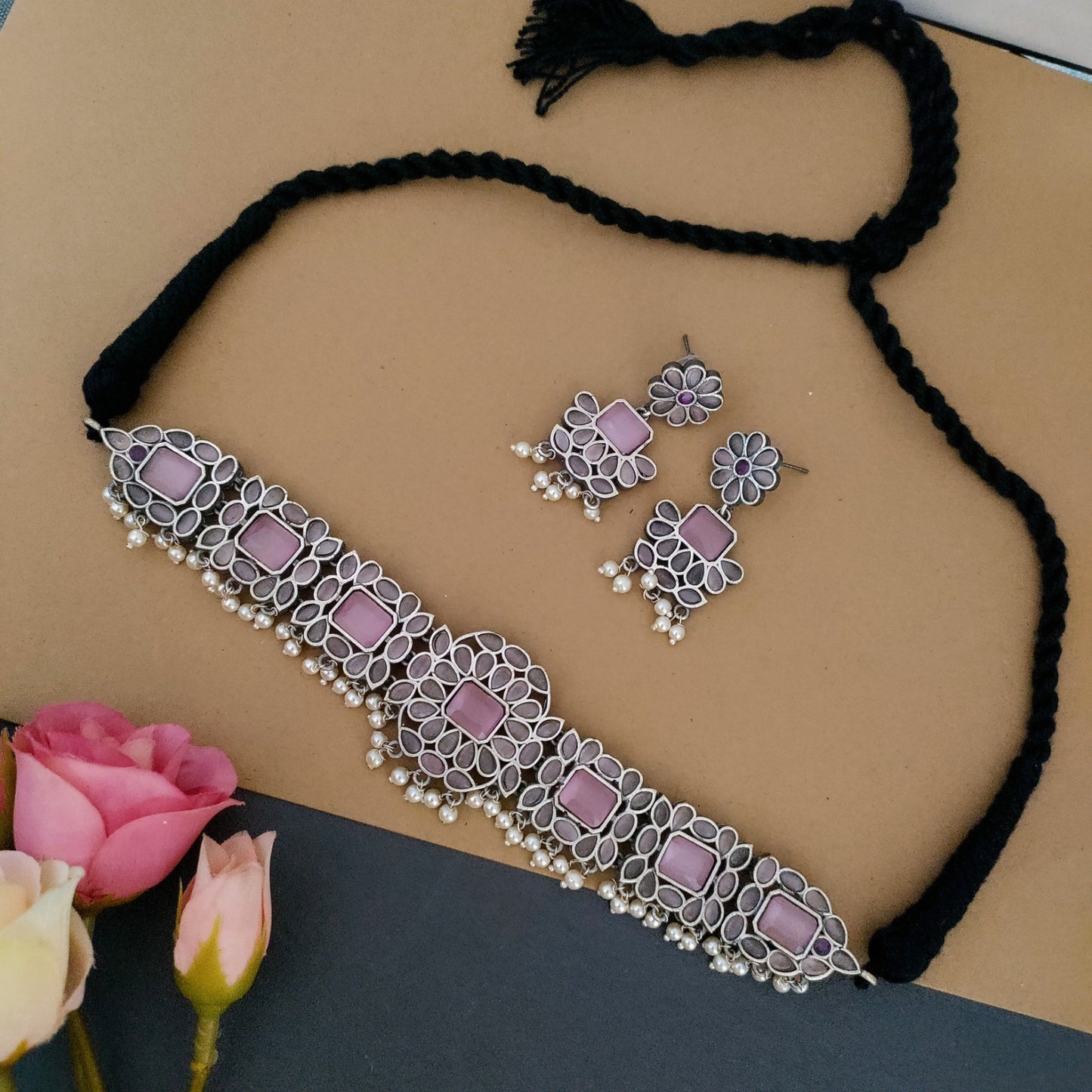 Pink stone thread chocker set