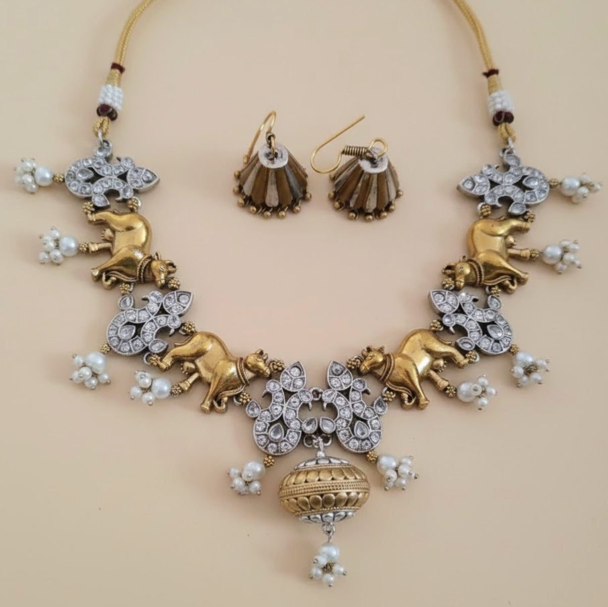 Cow peacock dualtone necklace set