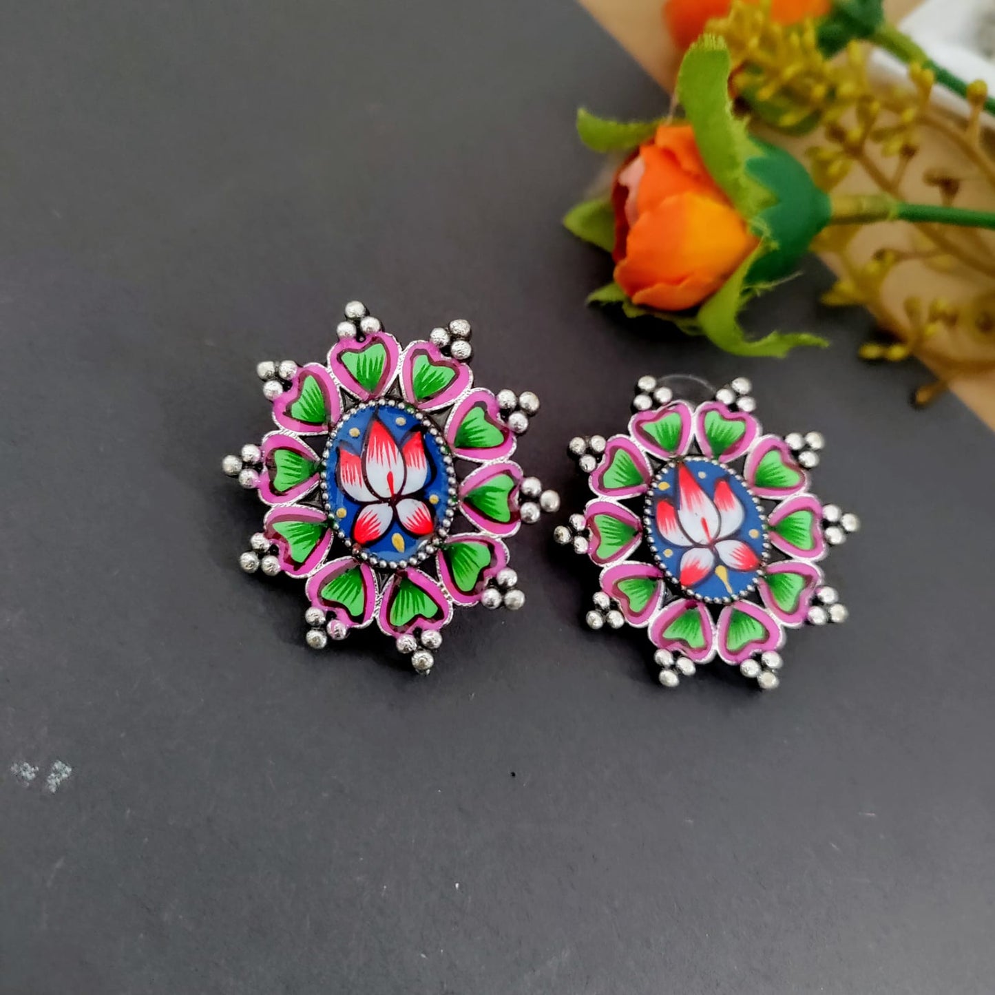Lotus round painted earring