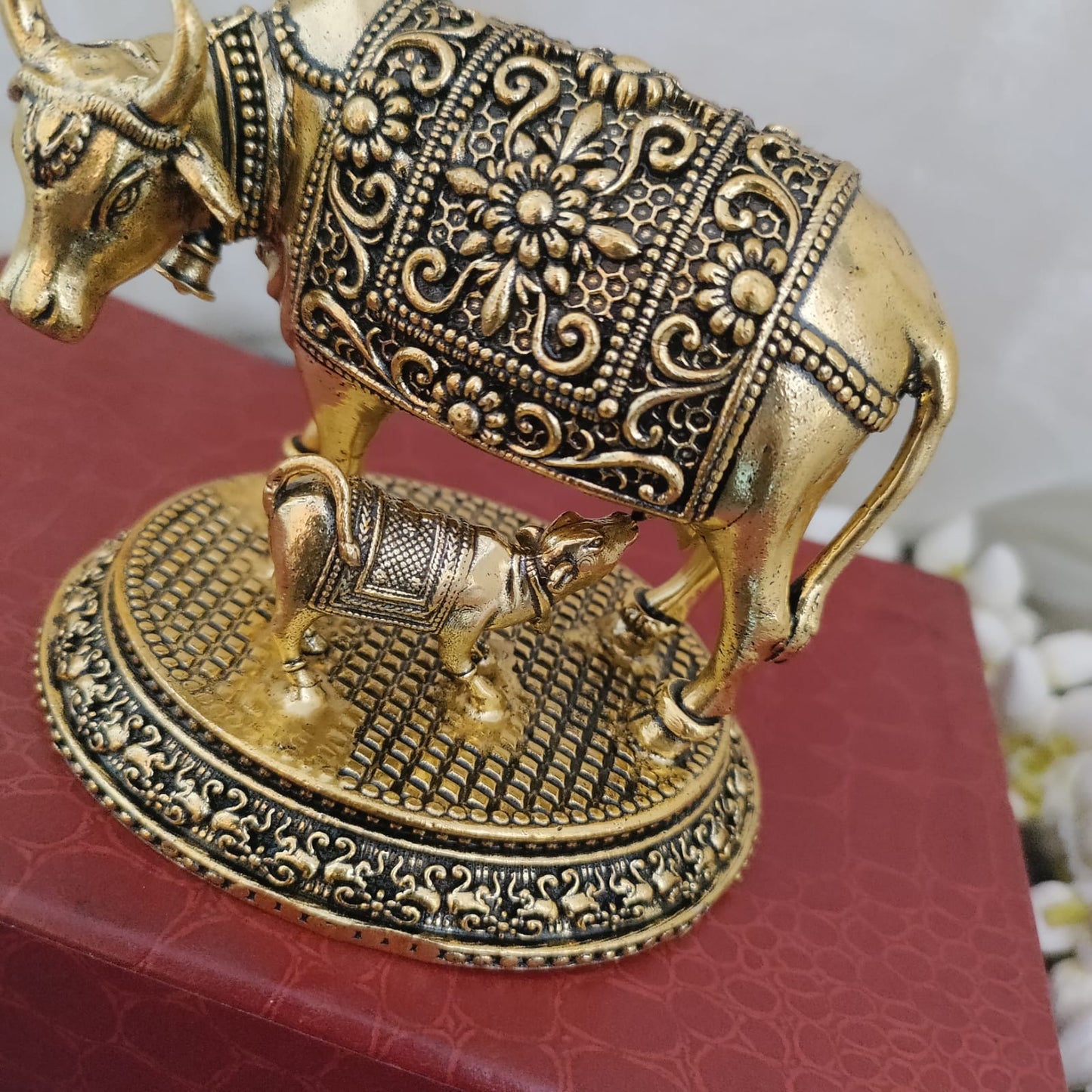 Pure brass kamadhenu cow with calf idol - 8.5 cm