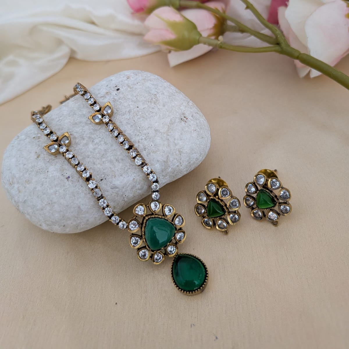 Simple kundan stone necklace set  Green