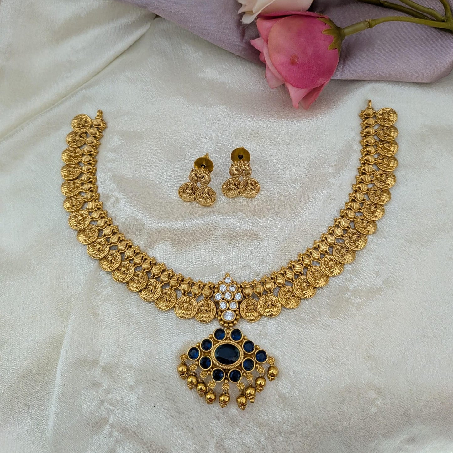 Coin necklace blue stone necklace set