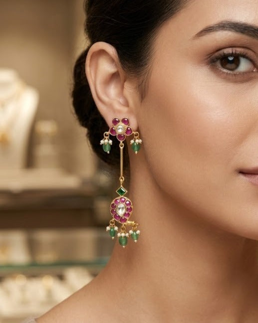 Jadau kundan Paisley shaped long drop earring