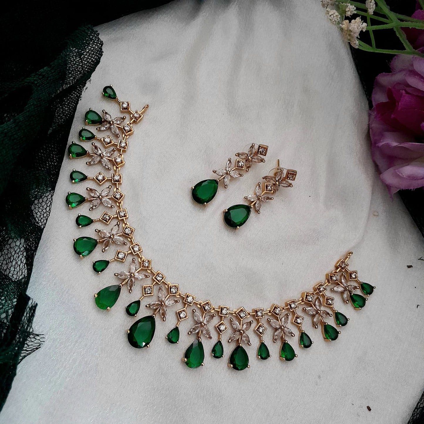 Gorgeous drop shaped cz stone studded necklace set