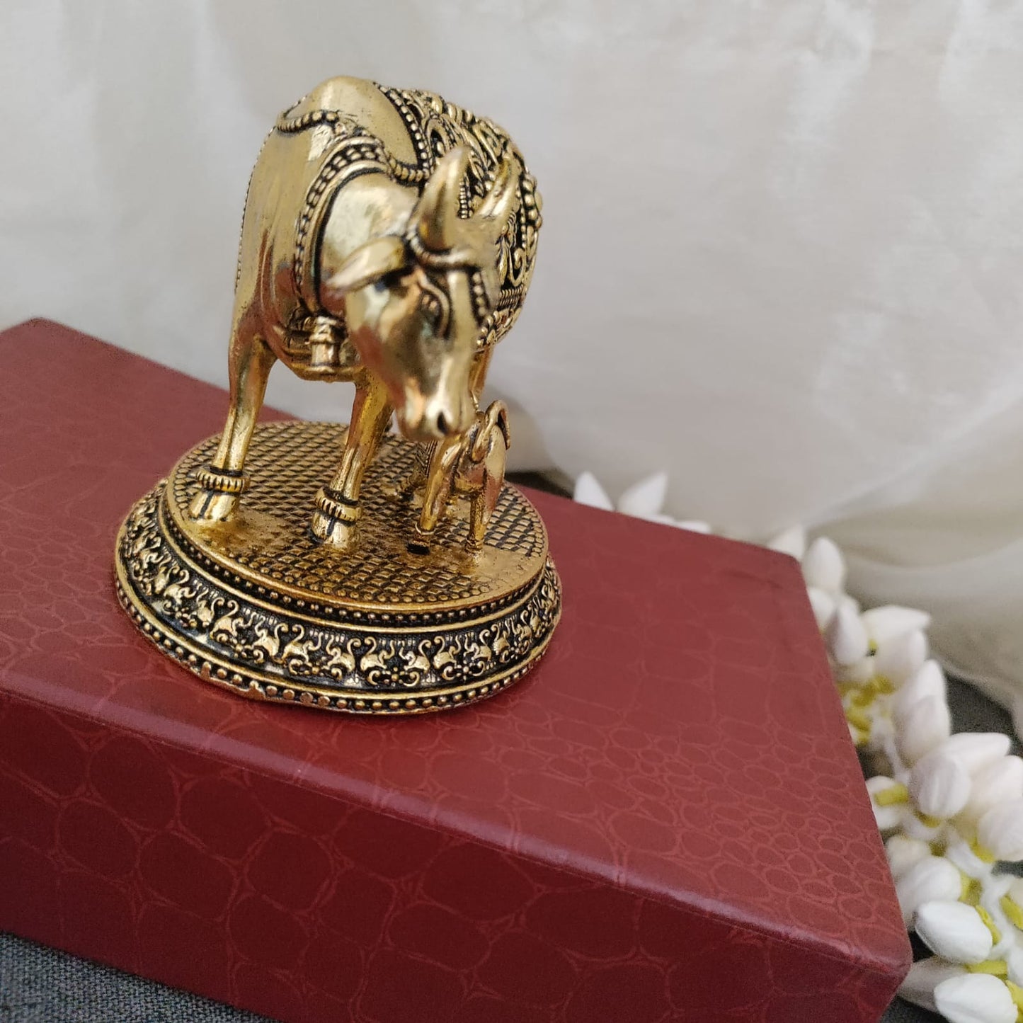 Pure brass kamadhenu cow with calf idol - 8.5 cm