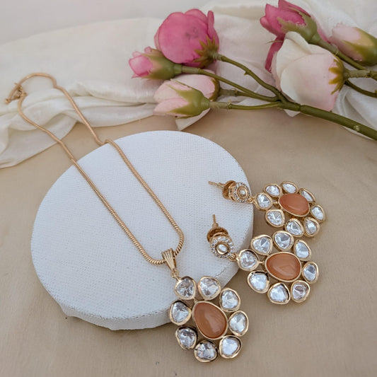 Peach stone kundan chain set