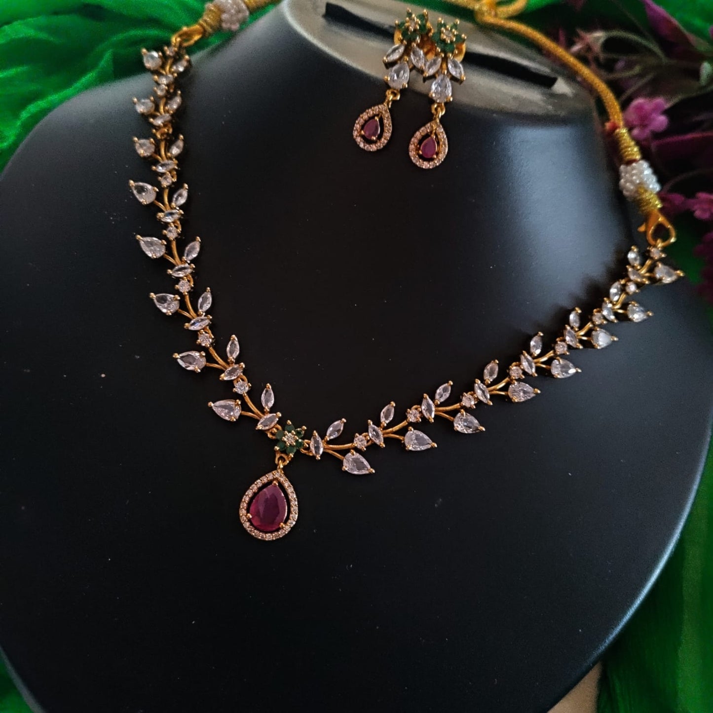 Ruby with white stone polki floral necklace set
