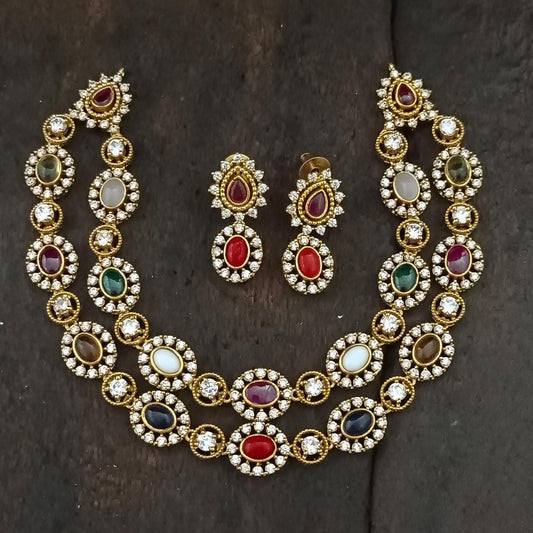 Navratna stone studded double layer necklace set