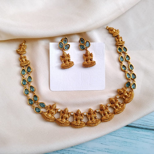 Two layered light blue lakshmi motif necklace set